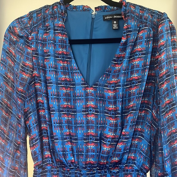 Aqua x Pendleton Womens Size M Smocked Waist V-Neck Mini Dress - Picture 3 of 9